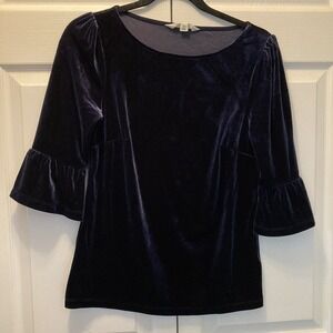 Boden 3/4 Bell Sleeve Velour Top Blouse Navy Blue Women's Size 2 Small Stretch